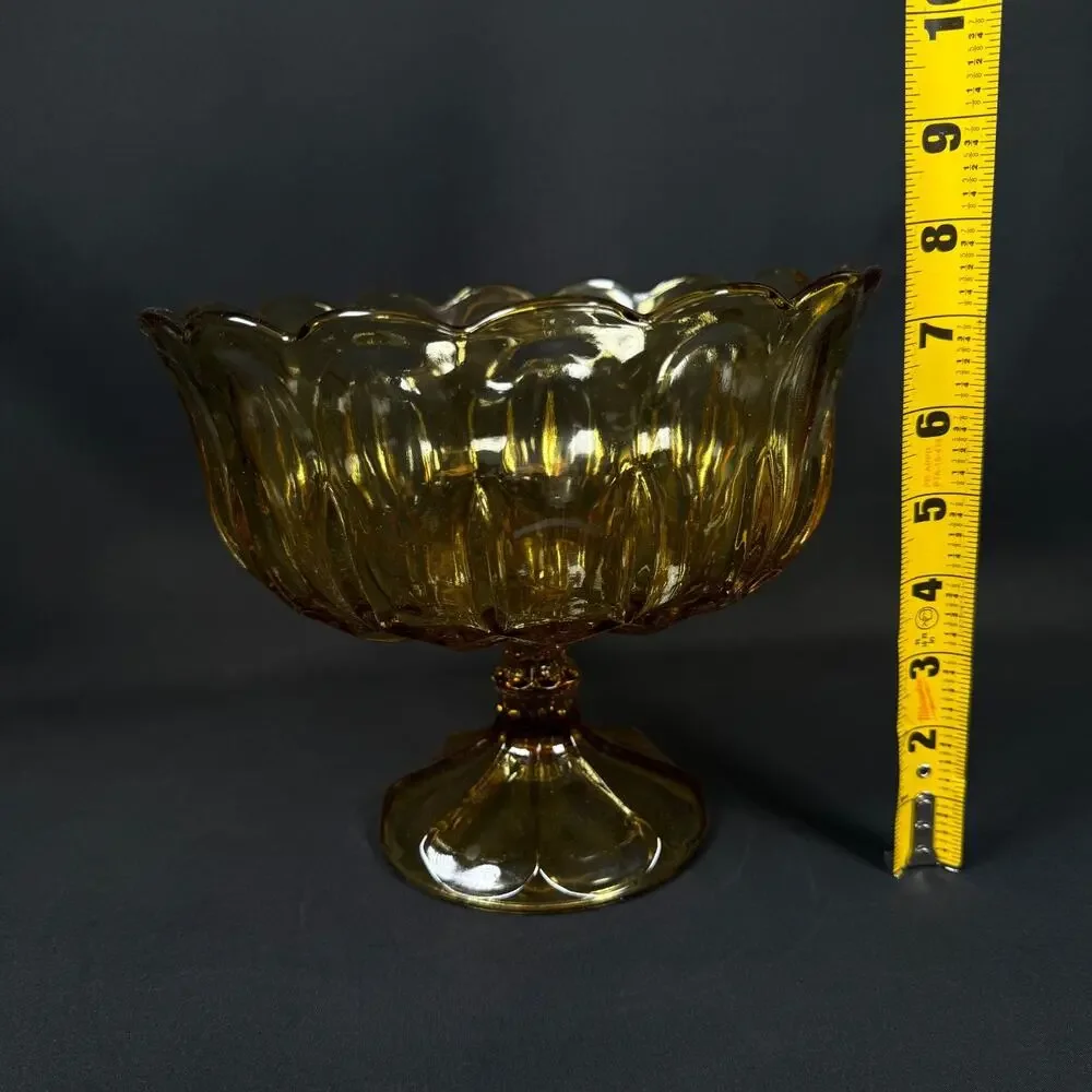 Vintage Amber Scalloped Edge Pedestal Bowl heavy weighted yellow glass